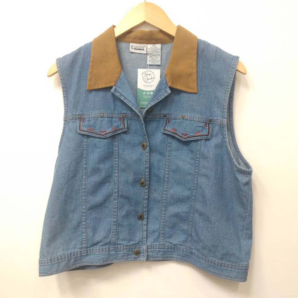 Vintage 90's Western Vest Light Denim Fabric with Brown Collar Large
